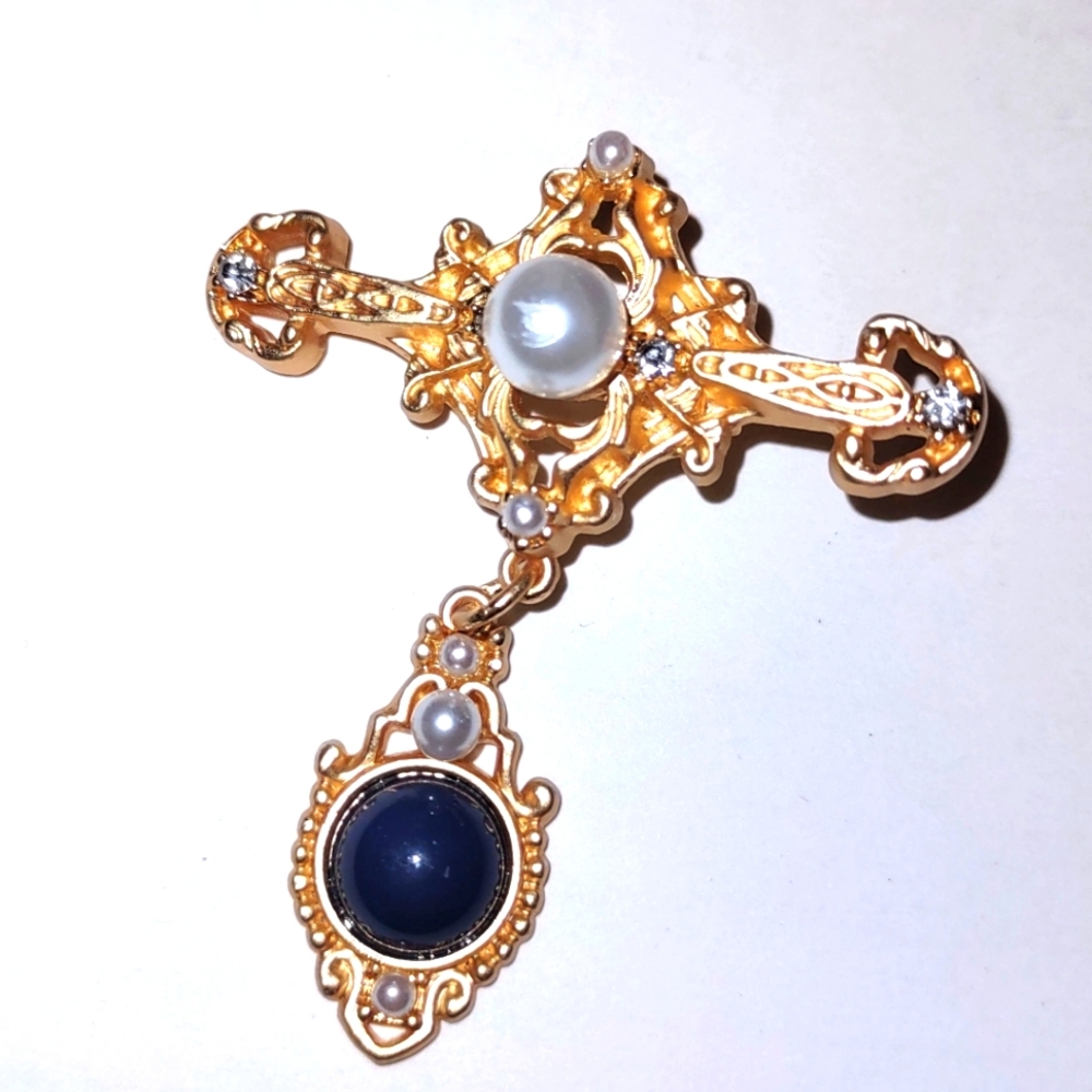 Gold & Pearl Bar Pin w/ Attached Cabochon Dangle Drop Brooch